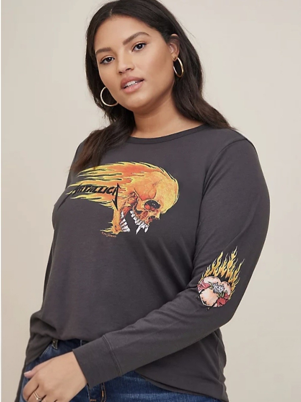NWT Torrid 6x Metallica Pushead Flaming Skull Long Sleeve Shirt- Vintage Wash